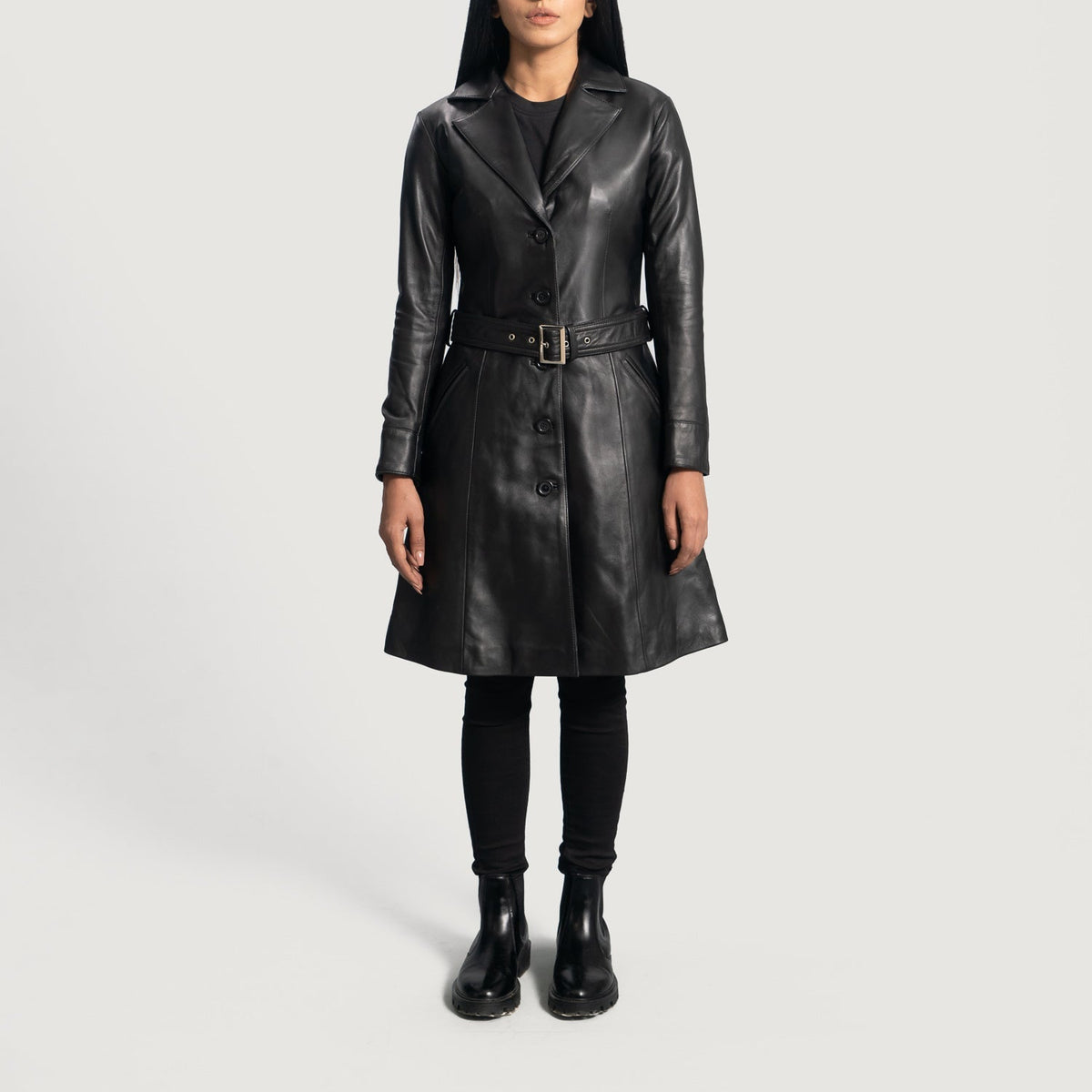 Women's Moonlight Nero Trench in Pelle da Donna - Lateral Side Profile View Showing Sleeve Cut &amp; Athletic Taper Fit