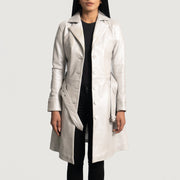 Silver Sheepskin Leather Trench Coat - Vista posteriore Showing Tailored Shoulder Fit &amp; Clean Hemline