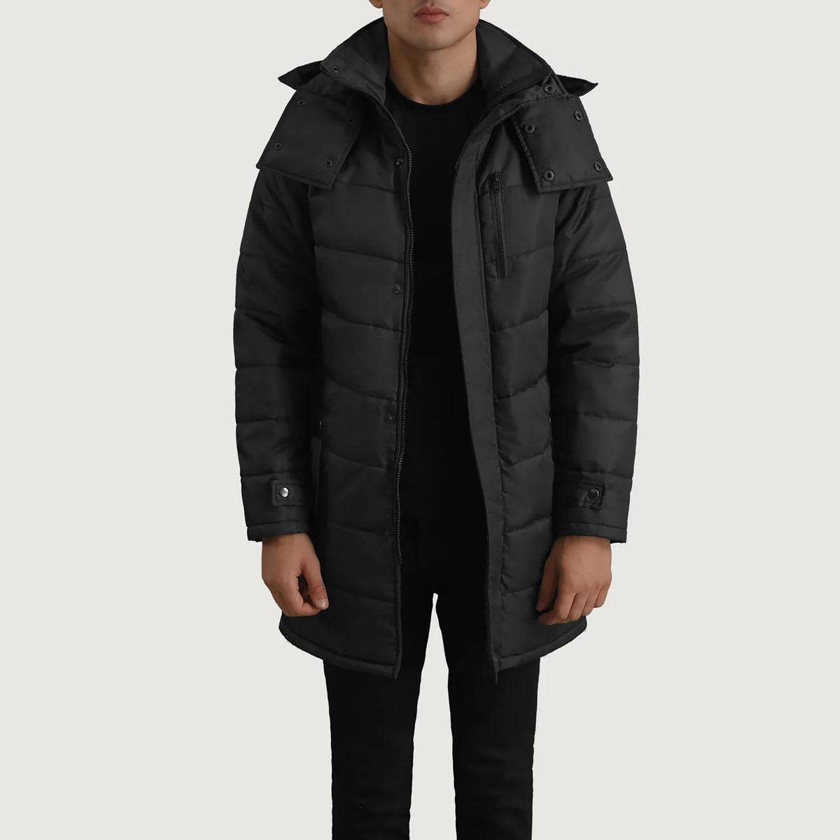 
Moore Nero Hooded Parka da Uomo in vera pelle bovina nera - Vista frontale e silhouette sartoriale | Acquista online