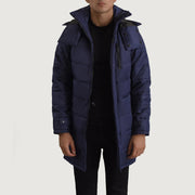 
Moore Blu Hooded Parka da Uomo in Blue Full-Grain Leather - Vista frontale e silhouette sartoriale | Acquista online