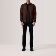 Brown Waxed Cotton Canvas Bomber Jacket - Vista posteriore Showing Tailored Shoulder Fit &amp; Clean Hemline