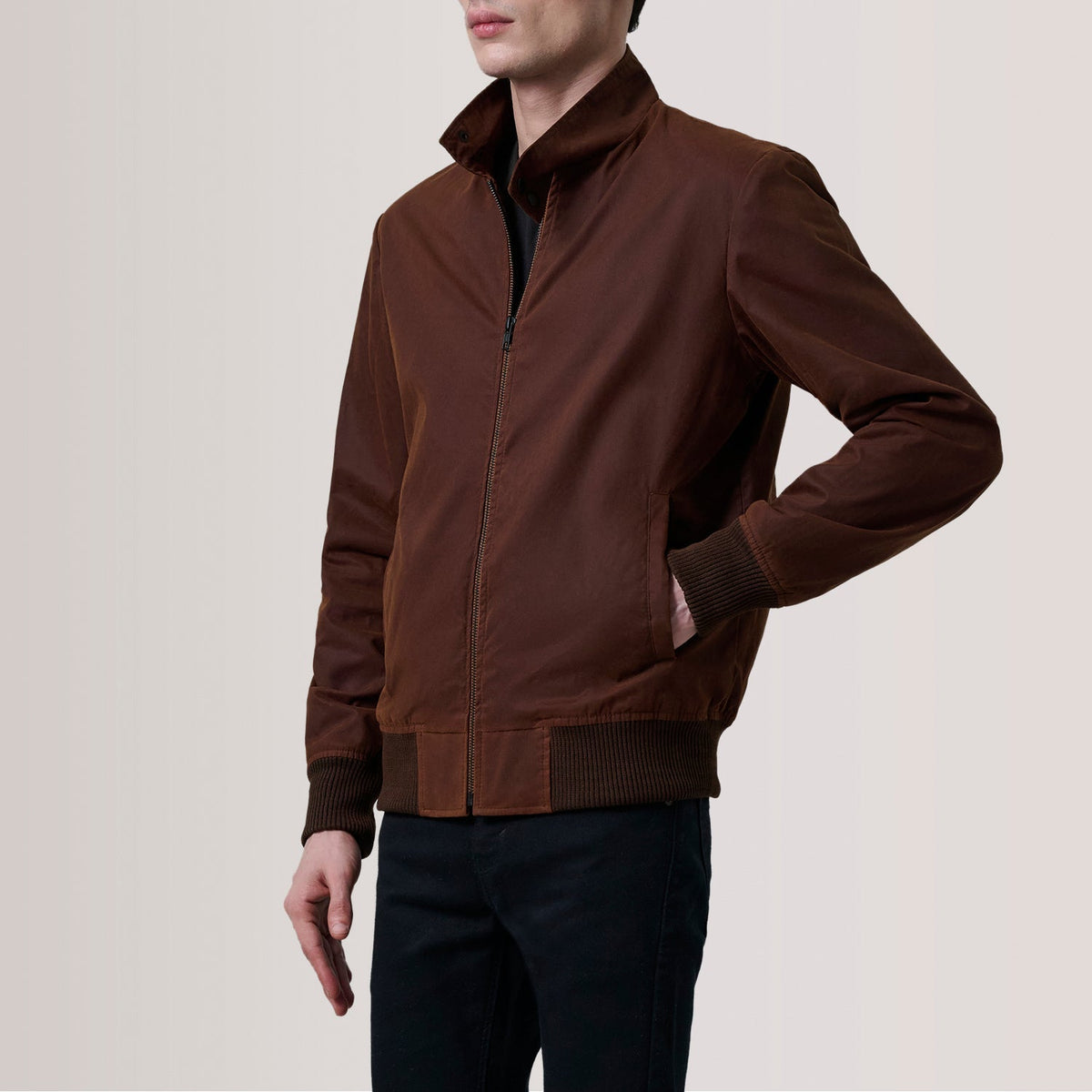 Morrison Marrone Canvas Bomber in Pelle da Uomo For Men - Lateral Side Profile View Showing Sleeve Cut &amp; Athletic Taper Fit