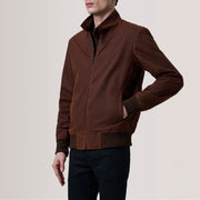 Morrison Marrone Canvas Bomber in Pelle da Uomo For Men - Lateral Side Profile View Showing Sleeve Cut &amp; Athletic Taper Fit