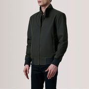 Morrison Olive Canvas Bomber in Pelle da Uomo For Men - Lateral Side Profile View Showing Sleeve Cut &amp; Athletic Taper Fit