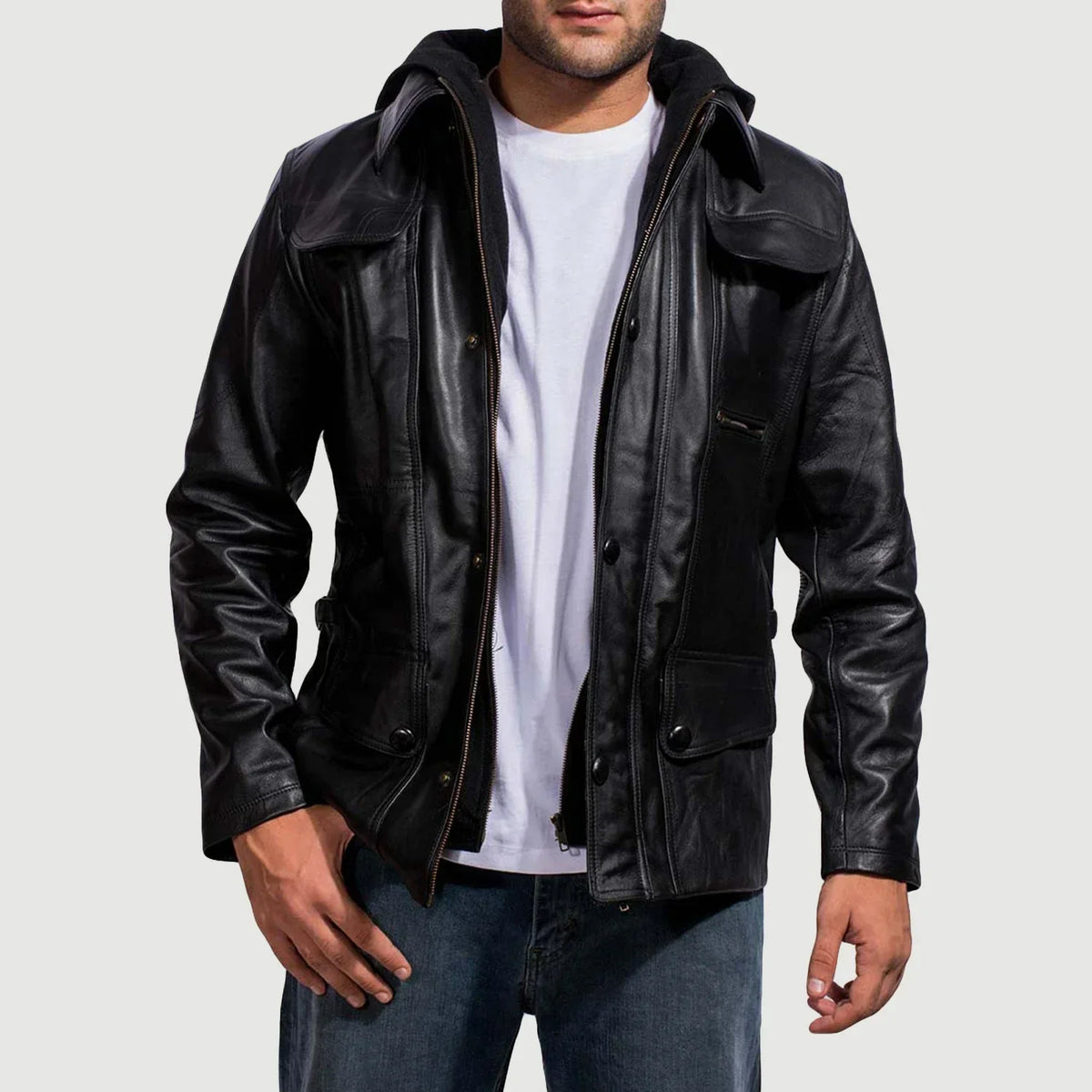 Men's Moulder Hooded Nero Giacca in Pelle da Uomo in Black Cowhide Leather - Vista frontale e linea su misura | Acquista online