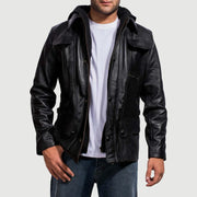 Men's Moulder Hooded Nero Giacca in Pelle da Uomo in Black Cowhide Leather - Vista frontale e linea su misura | Acquista online