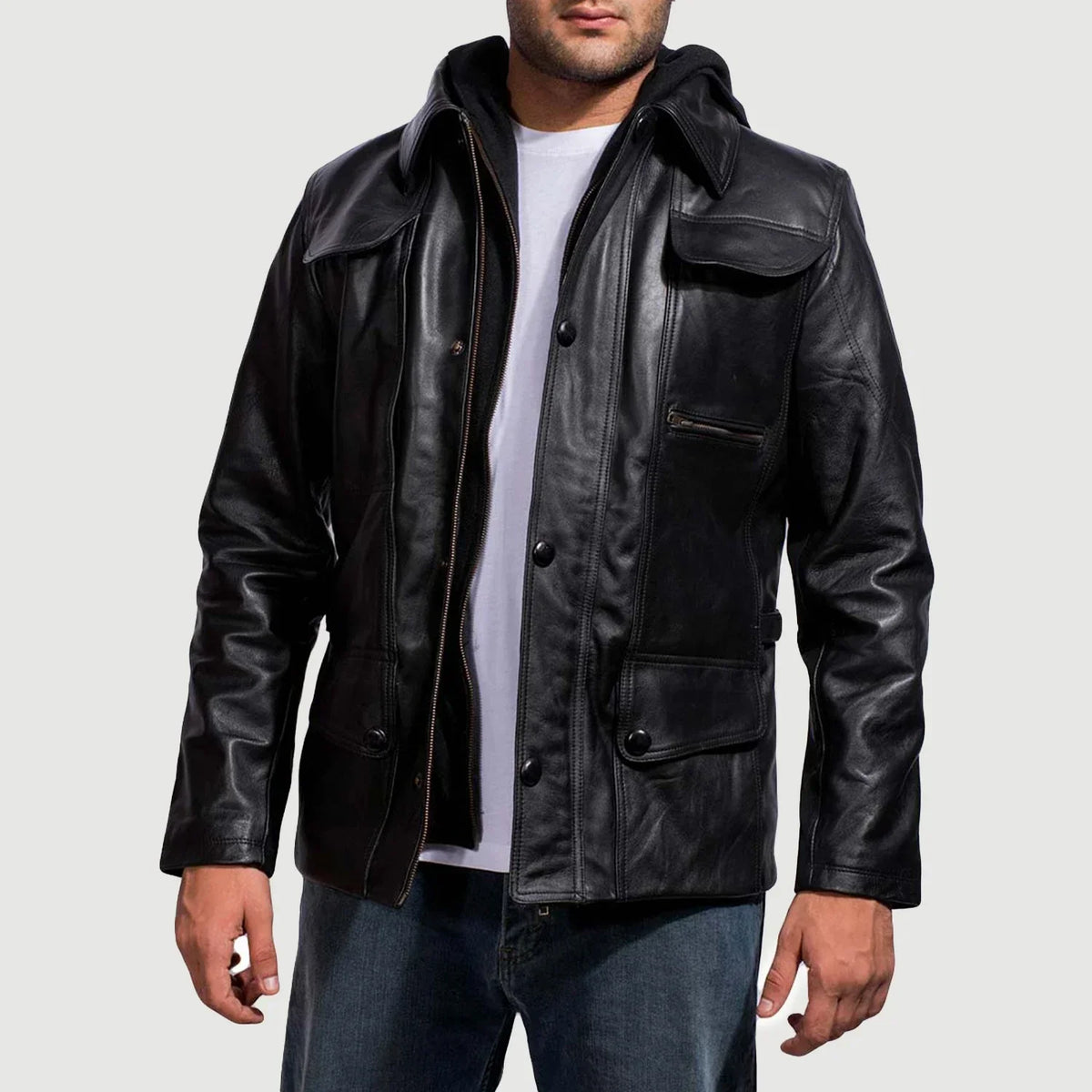 Black Cowhide Leather Hooded Jacket - Vista posteriore Showing Tailored Shoulder Fit &amp; Clean Hemline
