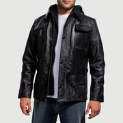 Black Cowhide Leather Hooded Jacket - Vista posteriore Showing Tailored Shoulder Fit &amp; Clean Hemline