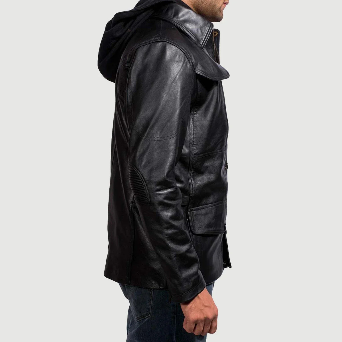 Dettaglio ravvicinato of Shirt &amp; Zipper with Button Flap Hardware on Men's Moulder Hooded Nero Giacca in Pelle da Uomo