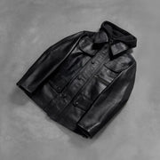Styled Fit Perspective of Men's Moulder Hooded Nero Giacca in Pelle da Uomo on Model - Natural Daylight Drape