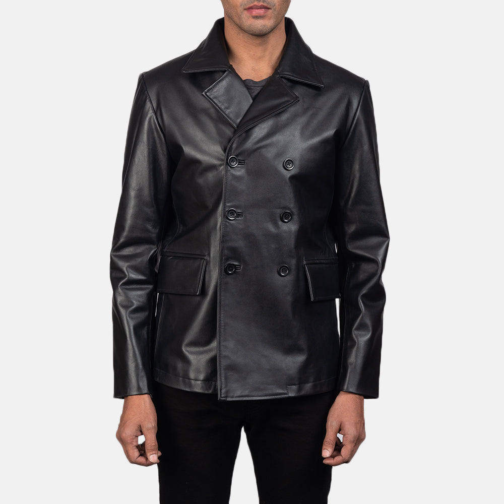 Men's Mr. Bailey Nero Leather Naval Peacoat da Uomo in Black Cowhide Leather - Vista frontale e linea su misura | Acquista online