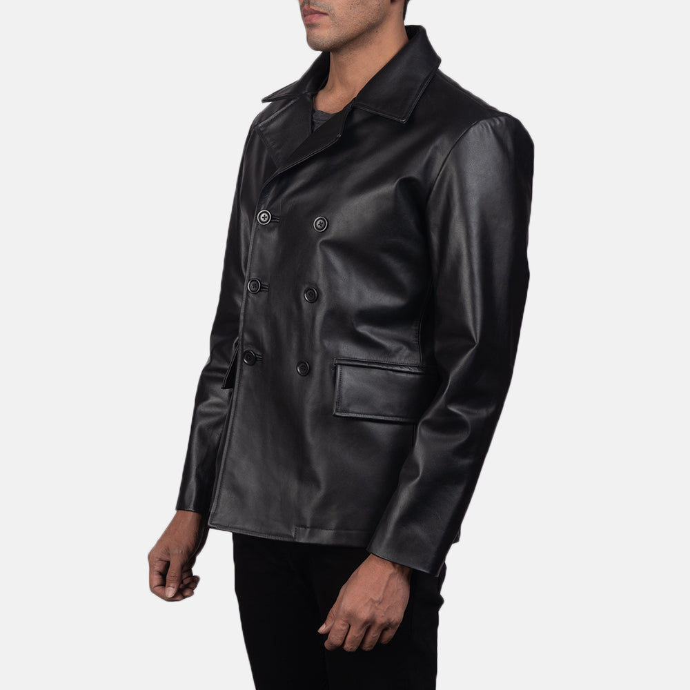 Black Cowhide leather Blazer - Vista posteriore Showing Tailored Shoulder Fit &amp; Clean Hemline