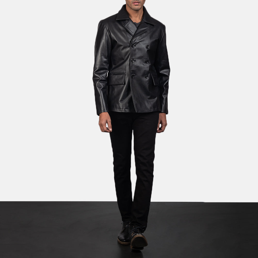 Men's Mr. Bailey Nero Leather Naval Peacoat da Uomo - Lateral Side Profile View Showing Sleeve Cut &amp; Athletic Taper Fit