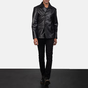 Men's Mr. Bailey Nero Leather Naval Peacoat da Uomo - Lateral Side Profile View Showing Sleeve Cut &amp; Athletic Taper Fit