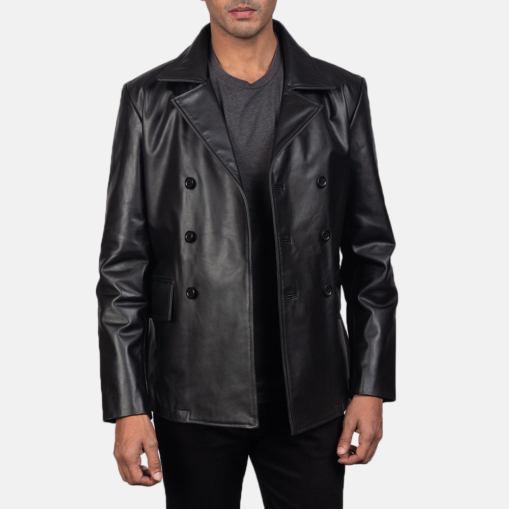 Dettaglio ravvicinato of Notch &amp; Buttons Hardware on Men's Mr. Bailey Nero Leather Naval Peacoat da Uomo