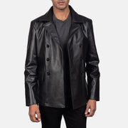 Dettaglio ravvicinato of Notch &amp; Buttons Hardware on Men's Mr. Bailey Nero Leather Naval Peacoat da Uomo