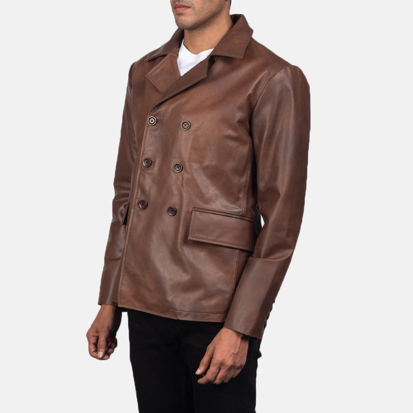 Mr. Bailey Marrone Leather Naval Peacoat da Uomo
