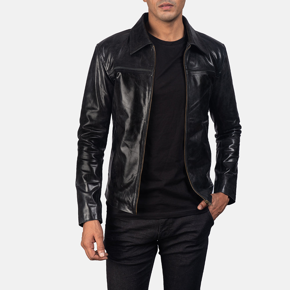 Men's Mystical Black Leather Jacket in Black Cowhide Leather - Vista frontale e linea su misura | Acquista online