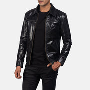 Black Cowhide Leather Biker Jacket - Vista posteriore Showing Tailored Shoulder Fit &amp; Clean Hemline
