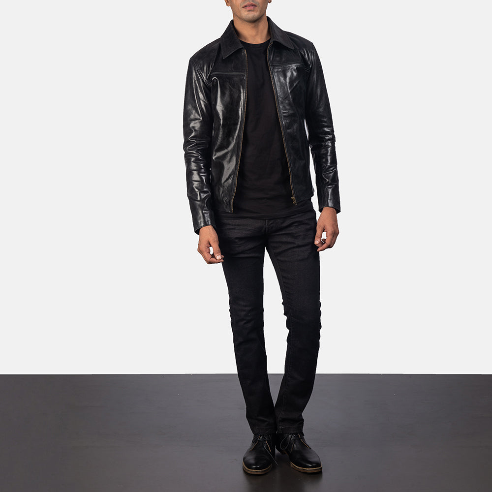 Dettaglio ravvicinato of Shirt &amp; Zipper Hardware on Men's Mystical Black Leather Jacket