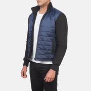 Blue &amp; Black Nylon (Torso) &amp;Amp; Knitted Fabric (Sleeves) Winter Jacket - Vista posteriore Showing Tailored Shoulder Fit &amp; Clean Hemline