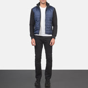 Men's Nashville Trapuntato Blu Windbreaker Giacca in Pelle da Uomo - Lateral Side Profile View Showing Sleeve Cut &amp; Athletic Taper Fit