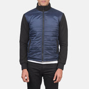 Dettaglio ravvicinato of High Neck &amp; Zipper with wind flap Hardware on Men's Nashville Trapuntato Blu Windbreaker Giacca in Pelle da Uomo