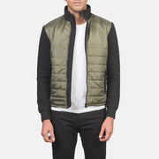Men's Nashville Trapuntato Verde Windbreaker Giacca in Pelle da Uomo in Green &amp; Black Nylon (Torso) &amp;Amp; Knitted Fabric (Sleeves) - Vista frontale e linea su misura | Acquista online