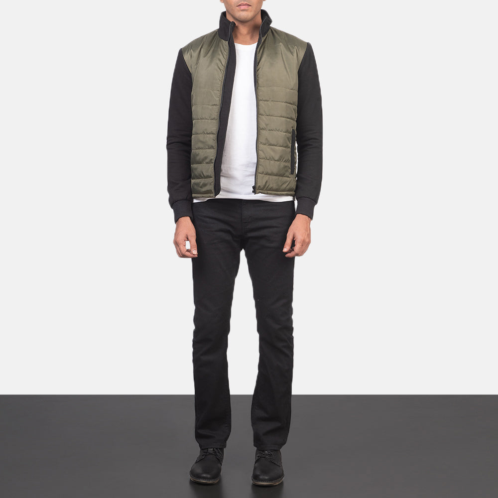 Men's Nashville Trapuntato Verde Windbreaker Giacca in Pelle da Uomo - Lateral Side Profile View Showing Sleeve Cut &amp; Athletic Taper Fit