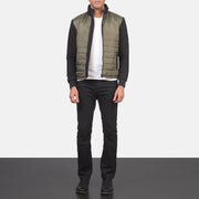 Men's Nashville Trapuntato Verde Windbreaker Giacca in Pelle da Uomo - Lateral Side Profile View Showing Sleeve Cut &amp; Athletic Taper Fit