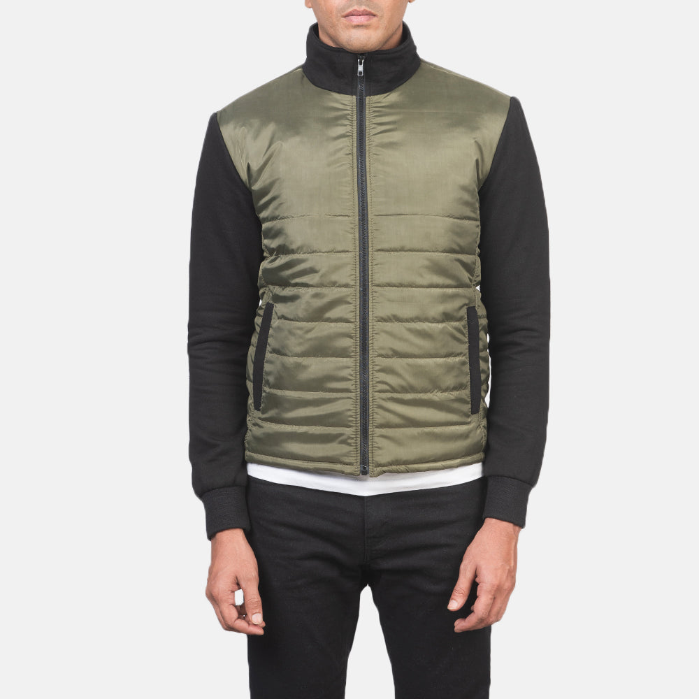 Dettaglio ravvicinato of High Neck &amp; Zipper with wind flap Hardware on Men's Nashville Trapuntato Verde Windbreaker Giacca in Pelle da Uomo