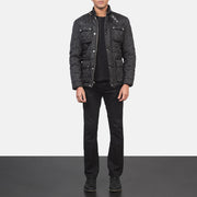 Men's Nelson Trapuntato Nero Windbreaker Giacca in Pelle da Uomo - Lateral Side Profile View Showing Sleeve Cut &amp; Athletic Taper Fit