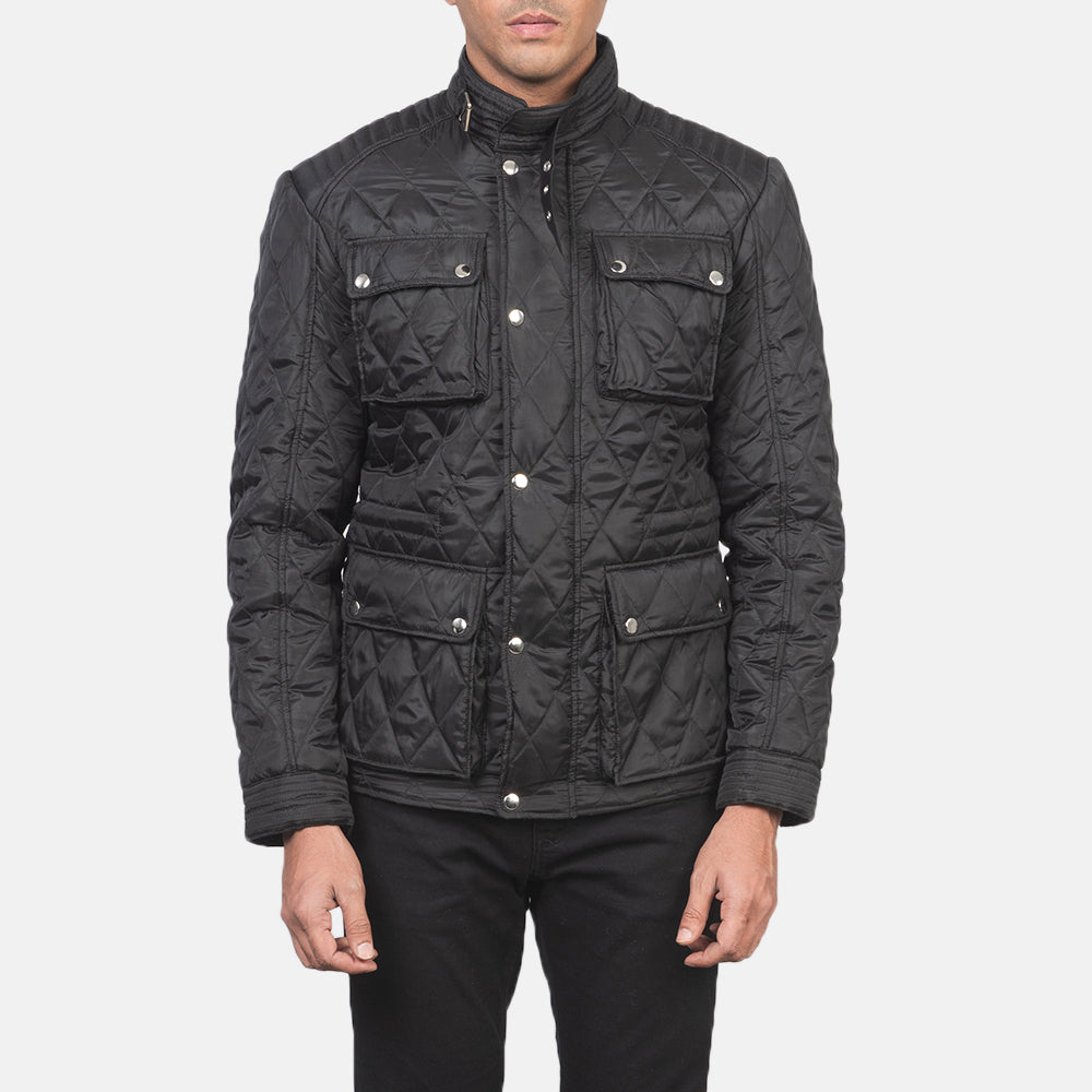Dettaglio ravvicinato of Belted Band &amp; Zipper with Front Button Flap Hardware on Men's Nelson Trapuntato Nero Windbreaker Giacca in Pelle da Uomo
