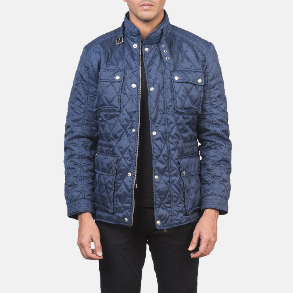 Men's Nelson Trapuntato Blu Windbreaker Giacca in Pelle da Uomo in Blue Nylon - Vista frontale e linea su misura | Acquista online