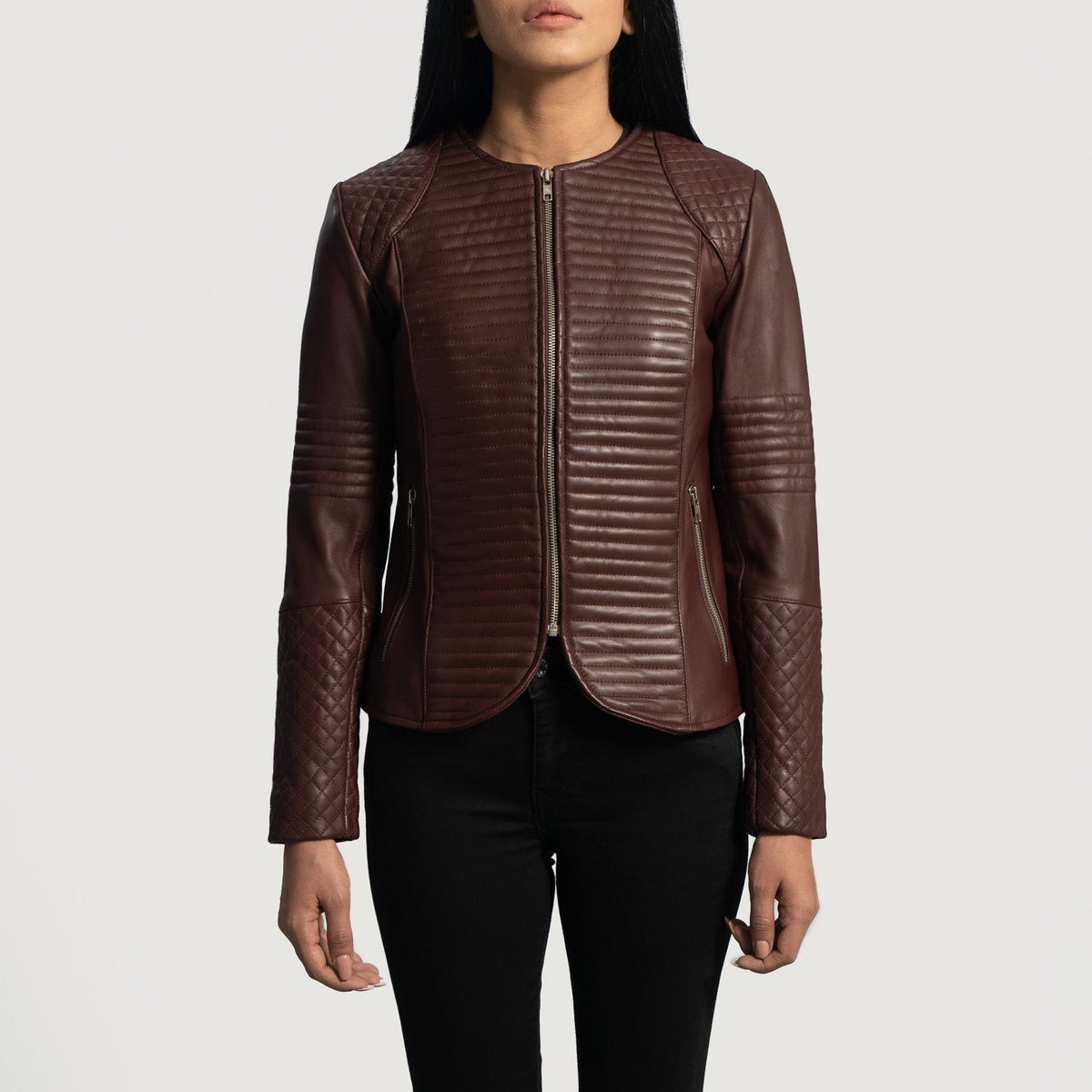 Women's Nexi Quilted Maroon Leather Jacket in Maroon Sheepskin Leather - Vista frontale e linea su misura | Acquista online