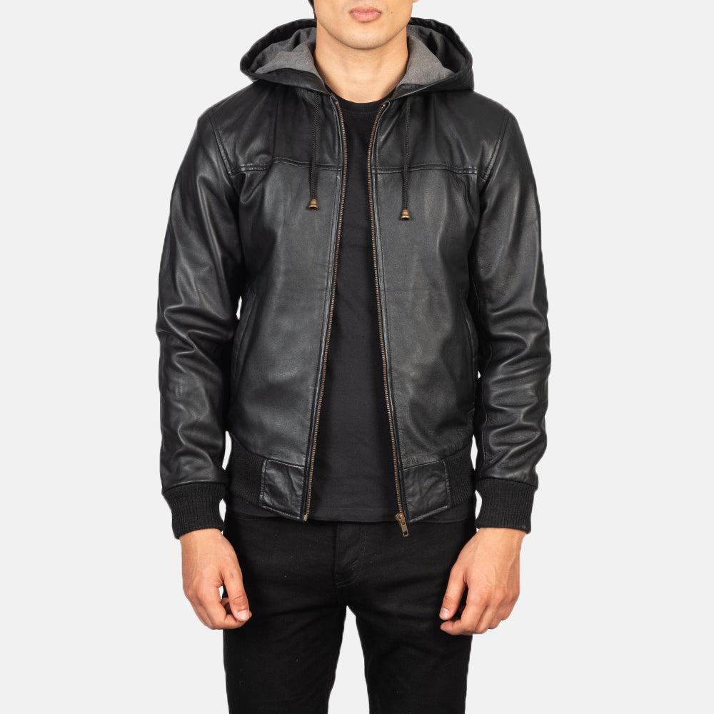 Men's Nintenzo Black Hooded Leather Jacket in Black Sheepskin Leather - Vista frontale e linea su misura | Acquista online