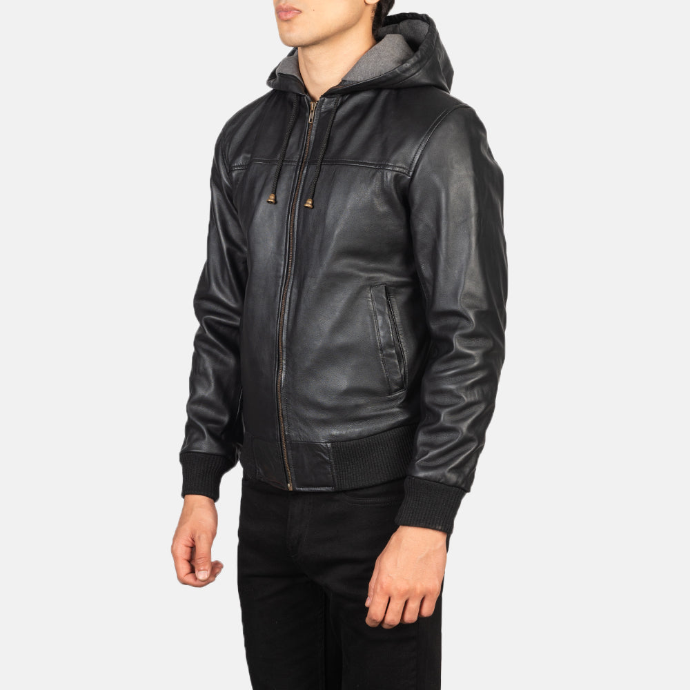 Black Sheepskin Leather Hooded Jacket - Vista posteriore Showing Tailored Shoulder Fit &amp; Clean Hemline