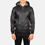 Dettaglio ravvicinato of Hooded &amp; Zipper Hardware on Men's Nintenzo Black Hooded Leather Jacket