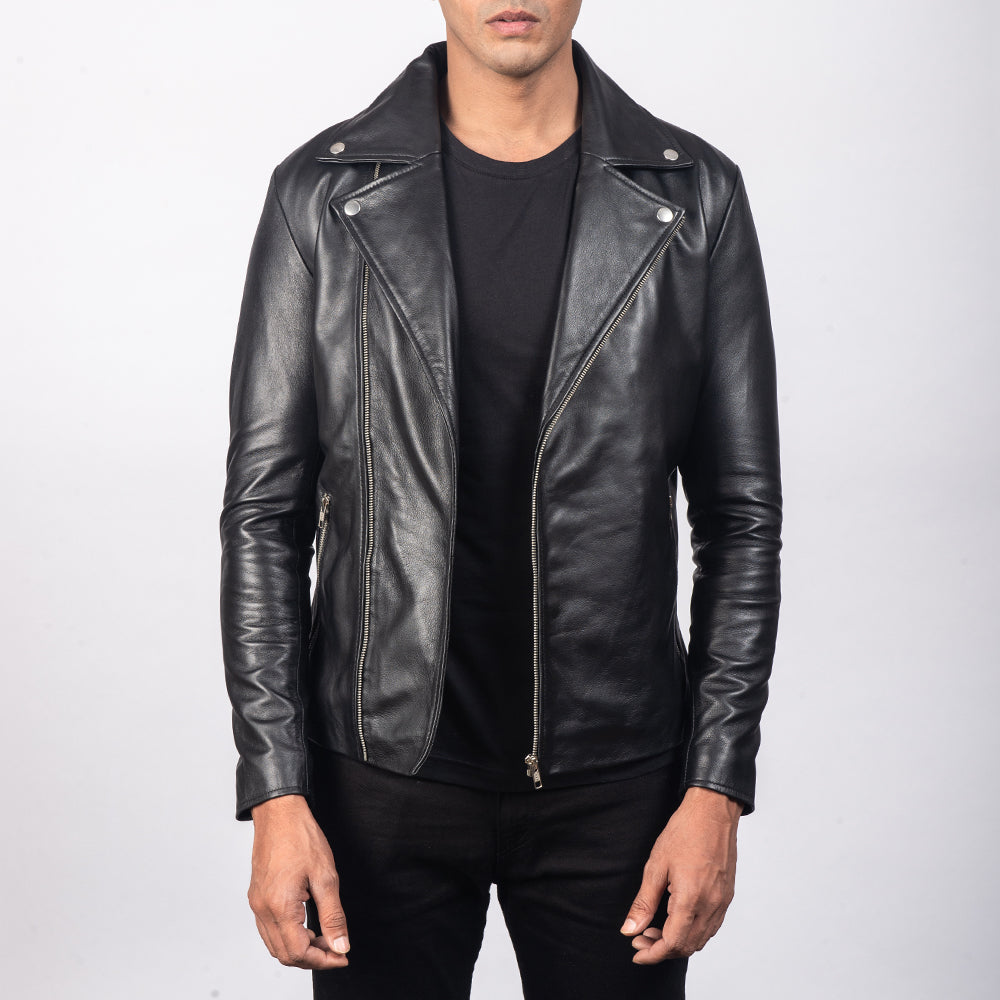 Men's Noah Black Leather Biker Jacket in Black Sheepskin Leather - Vista frontale e linea su misura | Acquista online