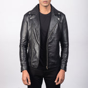Men's Noah Black Leather Biker Jacket in Black Sheepskin Leather - Vista frontale e linea su misura | Acquista online