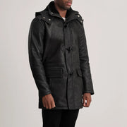 Distressed Black Sheepskin Snuffed Hooded Jacket - Vista posteriore Showing Tailored Shoulder Fit &amp; Clean Hemline