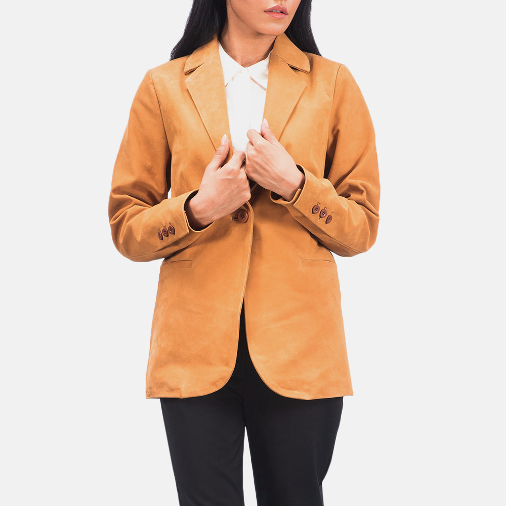 Women's Norma Brown Suede Blazer in Brown Cowhide Nubuck - Vista frontale e linea su misura | Acquista online