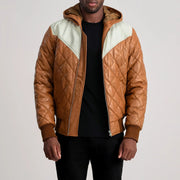 
Tailored Rib Cuffs & Hem Craftsmanship Construction Detail on Norman Tan Hooded Bomber Leather Puffer Jacket