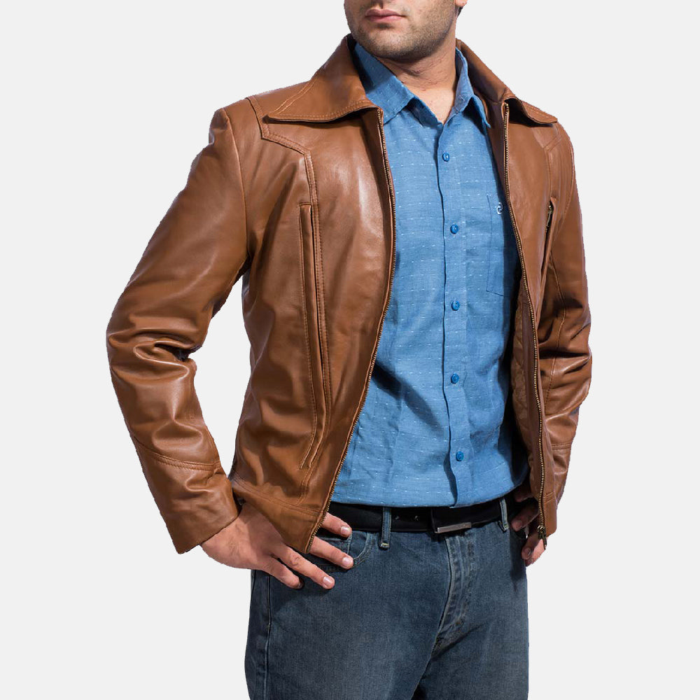 Old School Marrone Giacca in Pelle da Uomo - Lateral Side Profile View Showing Sleeve Cut &amp; Athletic Taper Fit