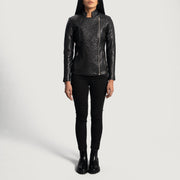 Dettaglio ravvicinato of Band &amp; Zipper Hardware on Women's Orient Grain Trapuntato Nero Giacca Biker in Pelle da Donna