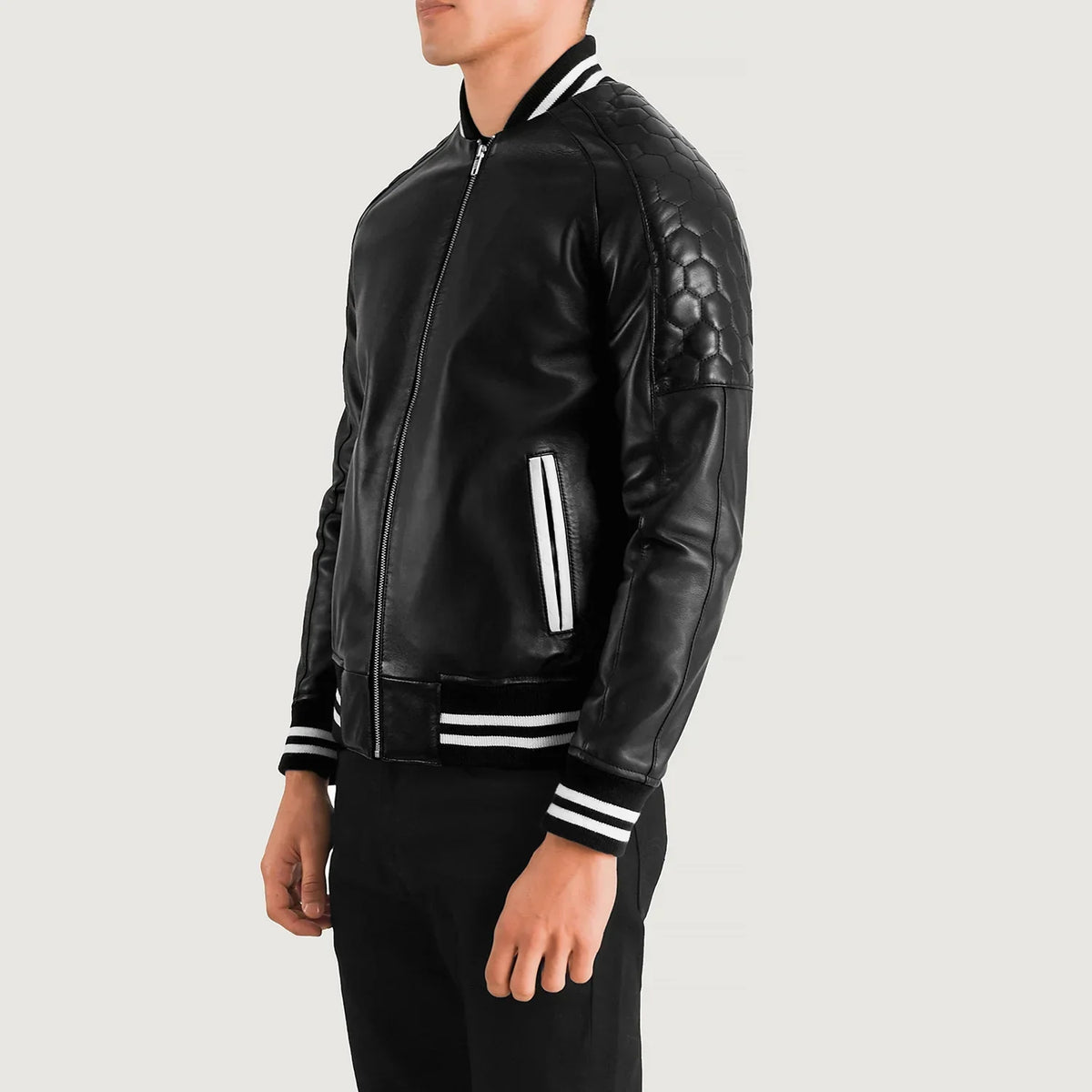 Black Sheepskin Leather Varsity Jacket - Vista posteriore Showing Tailored Shoulder Fit &amp; Clean Hemline