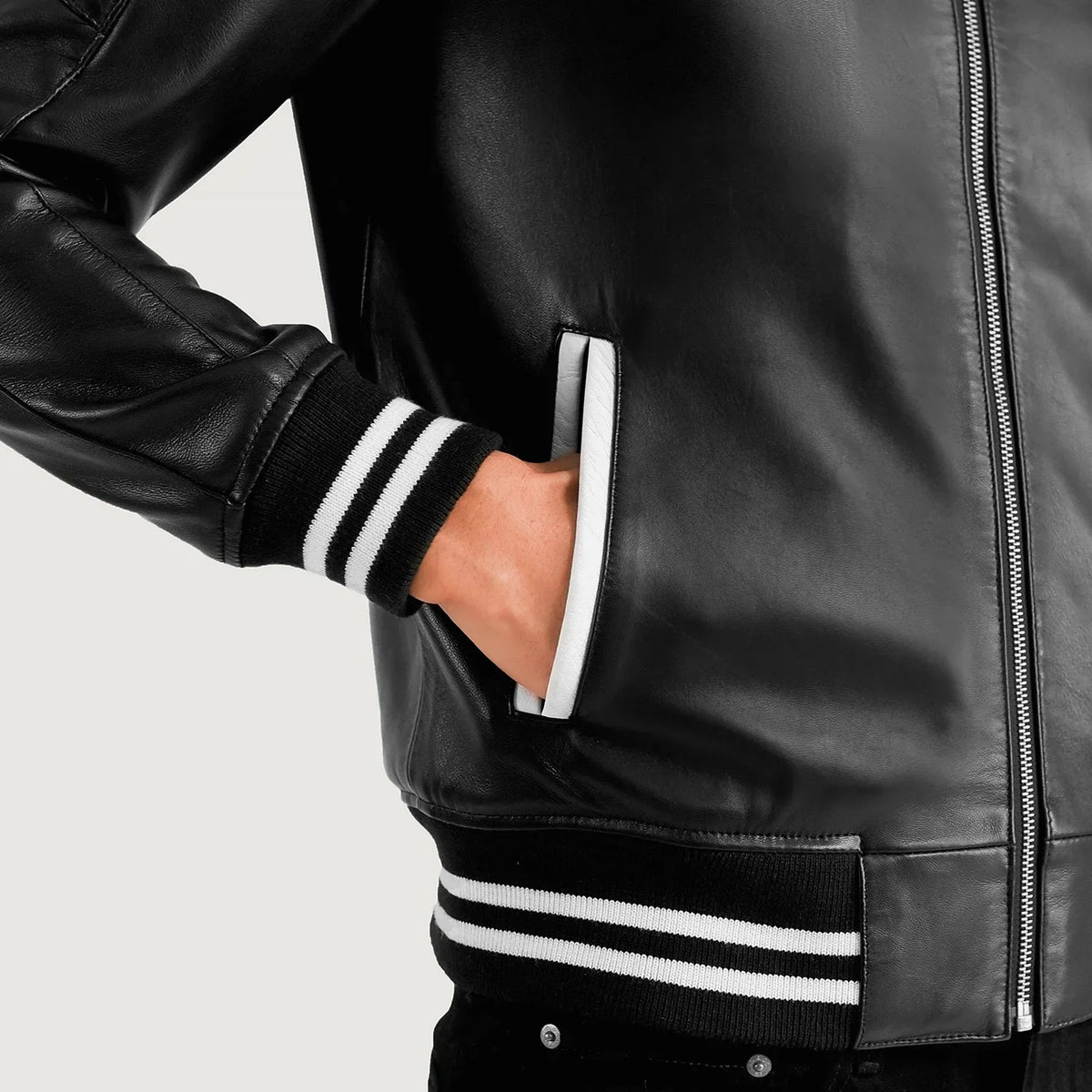 Pascal Nero Leather Varsity Giacca in Pelle da Uomo - Lateral Side Profile View Showing Sleeve Cut &amp; Athletic Taper Fit