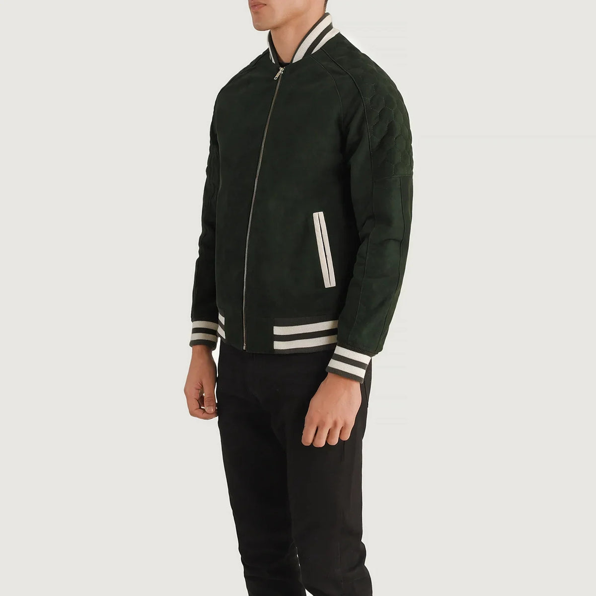 Green Goatskin Suede Varsity Jacket - Vista posteriore Showing Tailored Shoulder Fit &amp; Clean Hemline