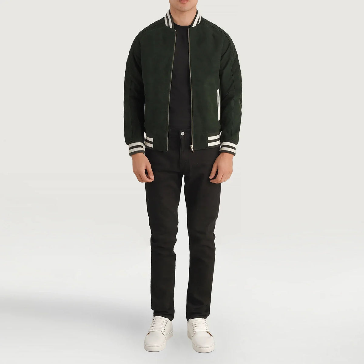 Pascal Verde Suede Varsity Giacca in Pelle da Uomo - Lateral Side Profile View Showing Sleeve Cut &amp; Athletic Taper Fit
