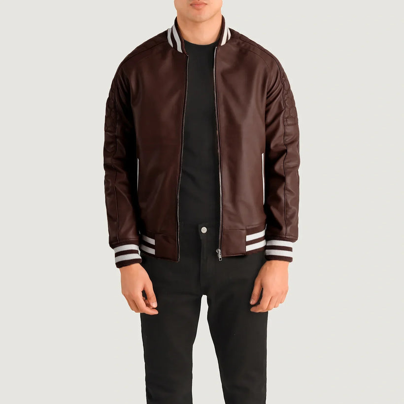 Pascal Bordeaux Leather Varsity Giacca in Pelle da Uomo